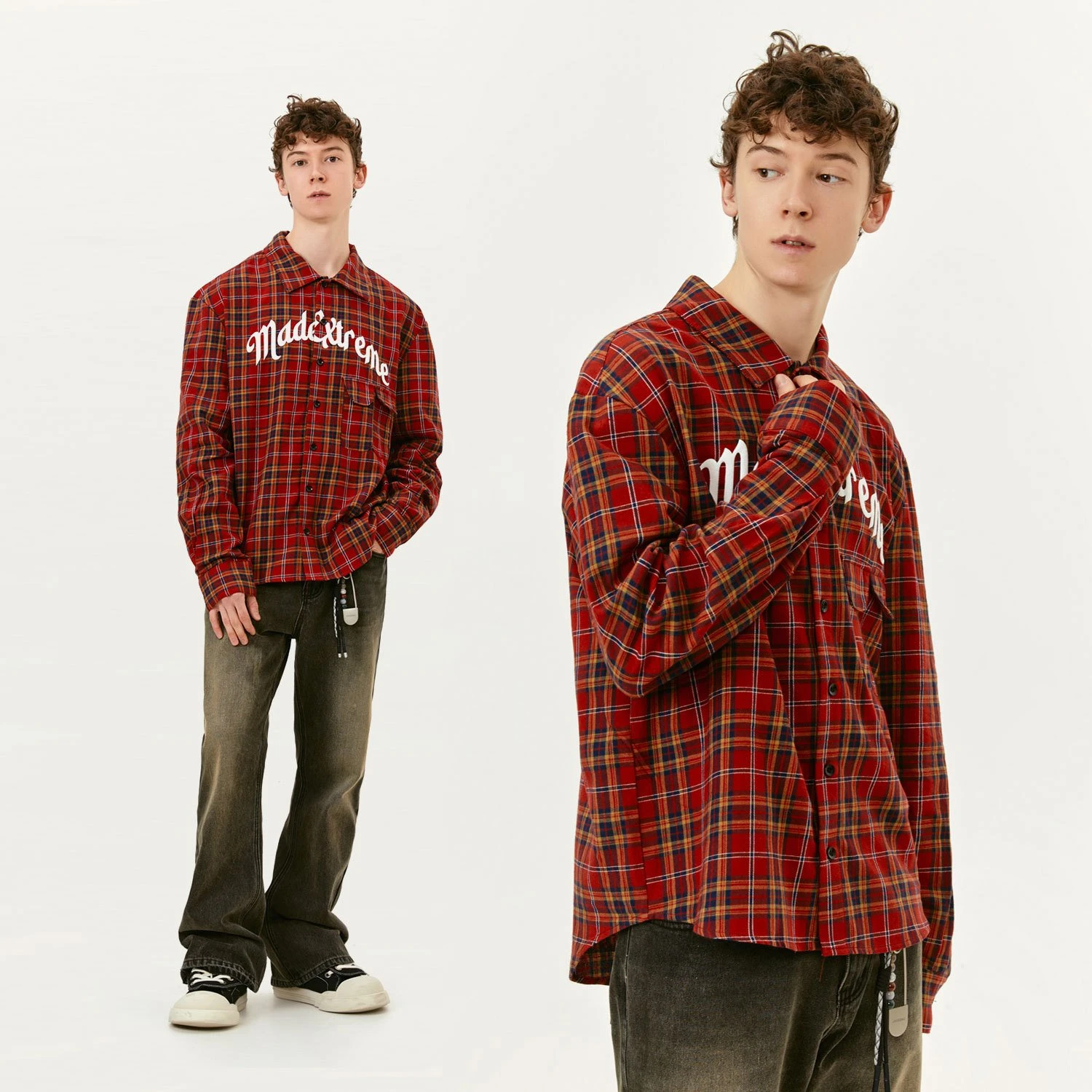 Red Plaid Long Sleeve Shirt for Men – Hip Hop Casual Style