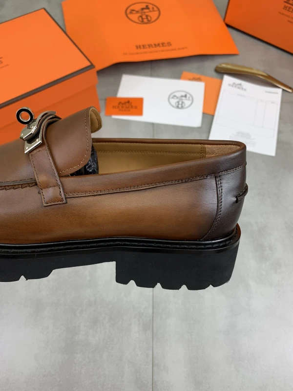Cognac Tan and Dark Brown Burnished Hermès Men's Smooth Leather Lug-Sole Silver Lock Buckle Loafers