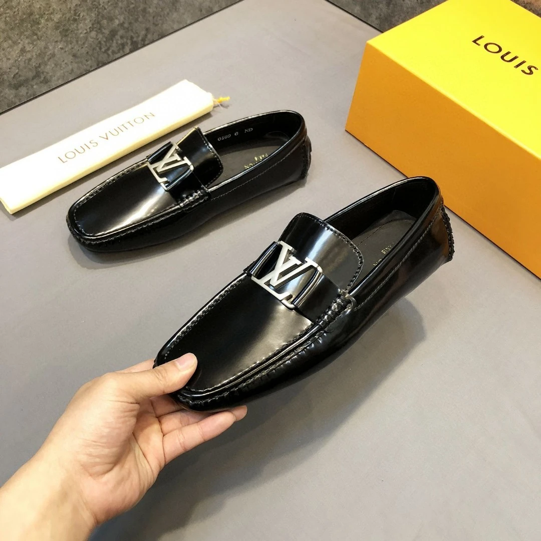 Sleek Black Louis Vuitton Men's Leather LV Initial Buckle Loafers