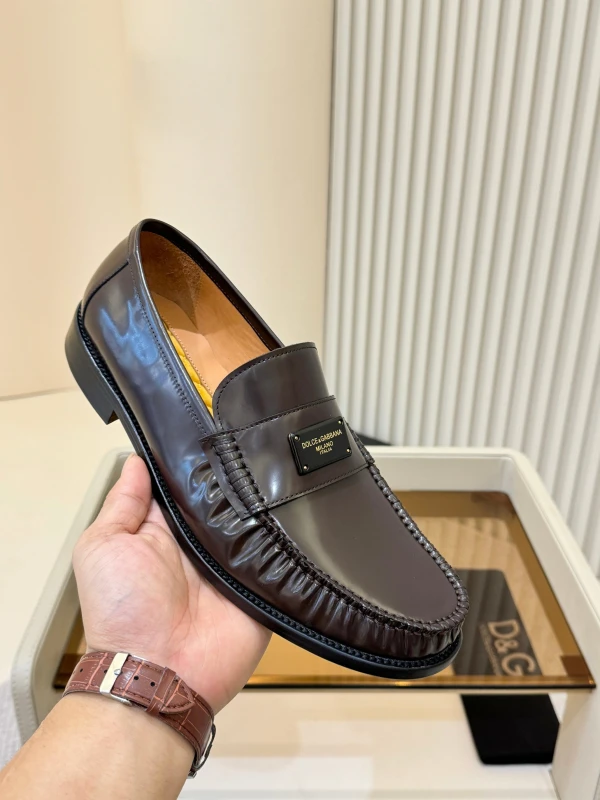 High-Shine Glossy Dark Brown Dolce & Gabbana Men's Leather Plaque Loafers