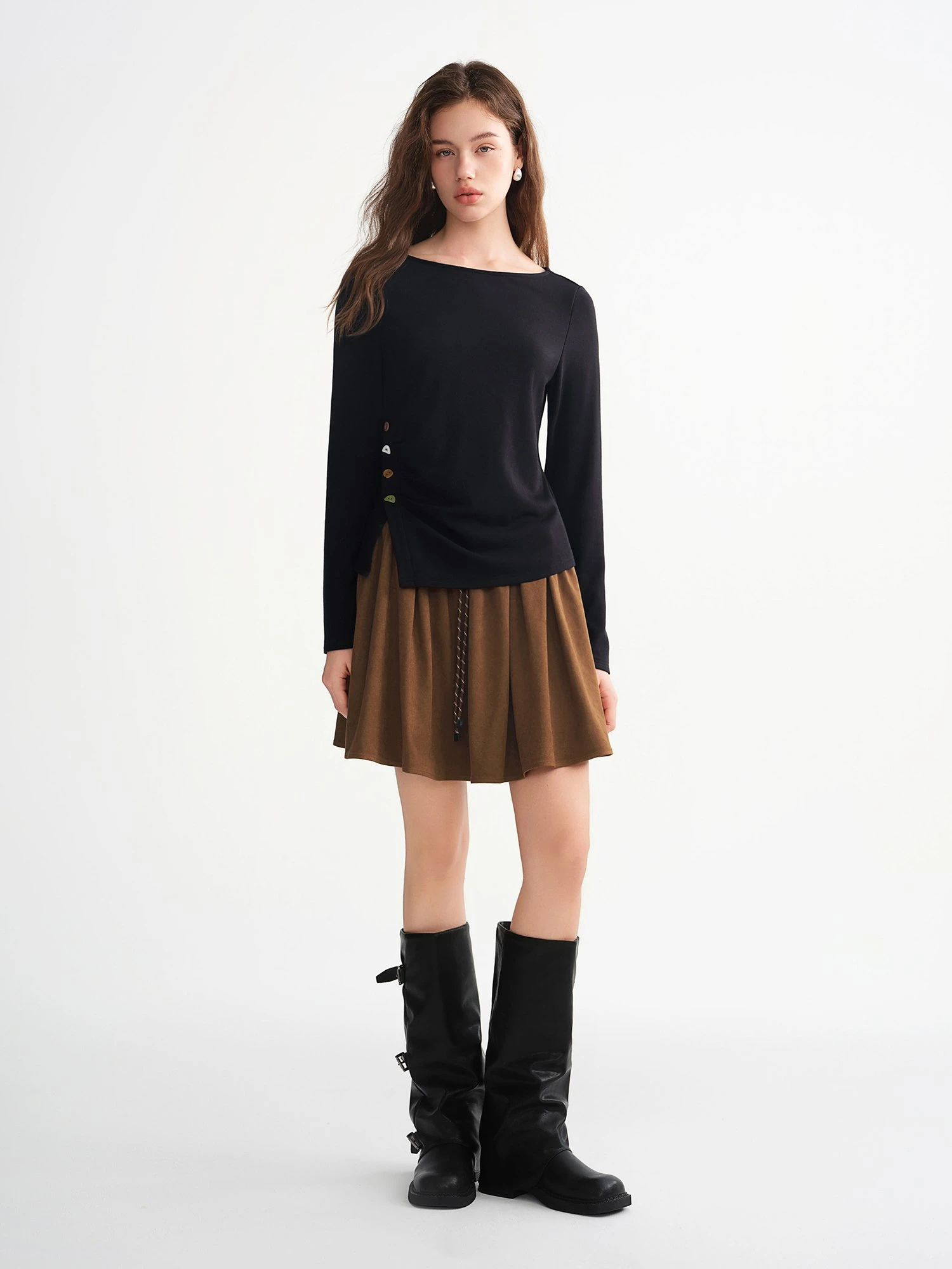 Women's Velvet Fleece Side Slit T-Shirt - Thermal Brush Slim Fit Long Sleeve Top