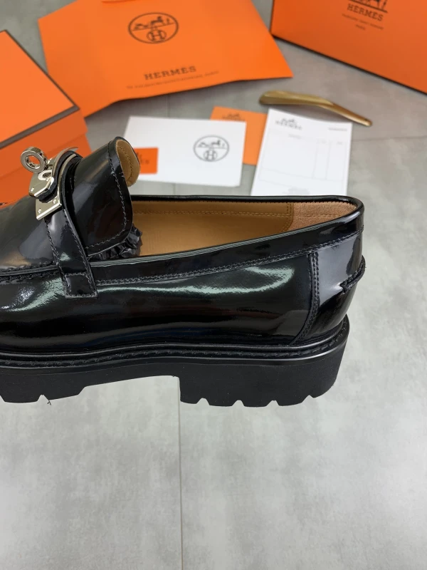 High-Shine Jet Black Hermès Men's Patent Leather Lug-Sole Silver Lock Buckle Loafers