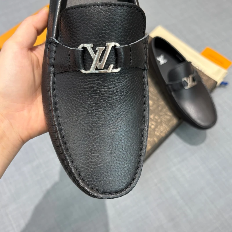 Textured Matte Black Louis Vuitton Men's Grained Leather LV Initial Buckle Loafers