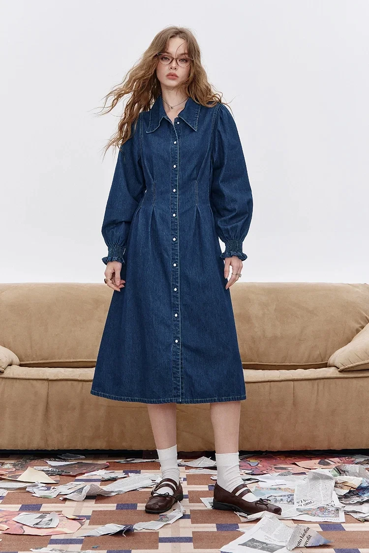 Crinkle Denim Waist-Tie Mini Dress – V-Neck Long Sleeve Office Style