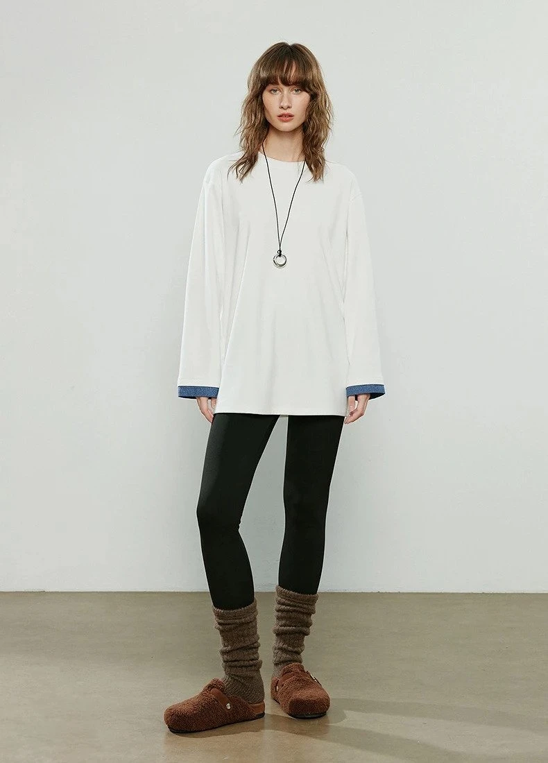 Women’s Winter Loose Mid-Length Spliced Denim Warm T-Shirt