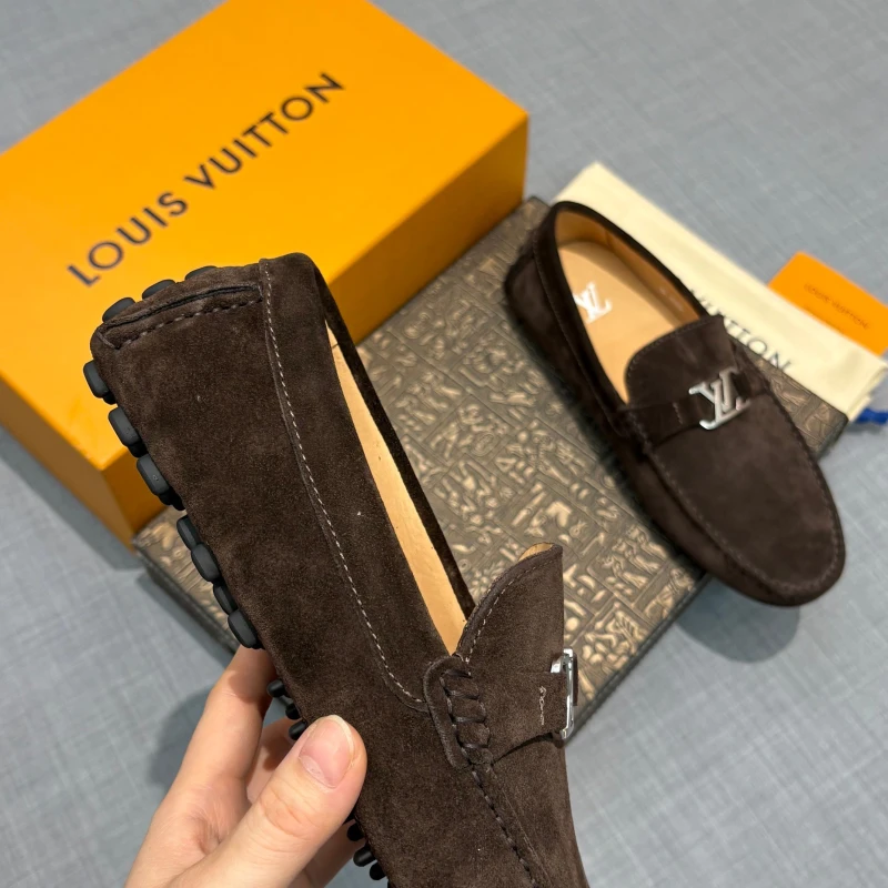 Dark Brown Suede Louis Vuitton Men's LV Initial Buckle Loafers