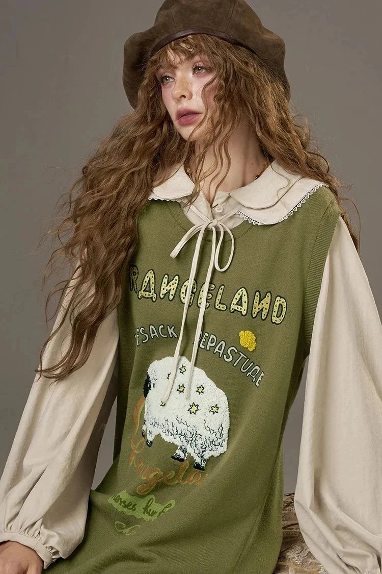 Casual Sweet Cartoon Embroidery Lantern Sleeve Dress for Women