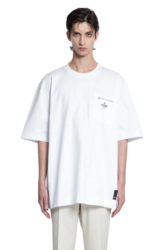 Fendi White Cotton Oversized T-Shirt with Pocket & Zipper Detail
