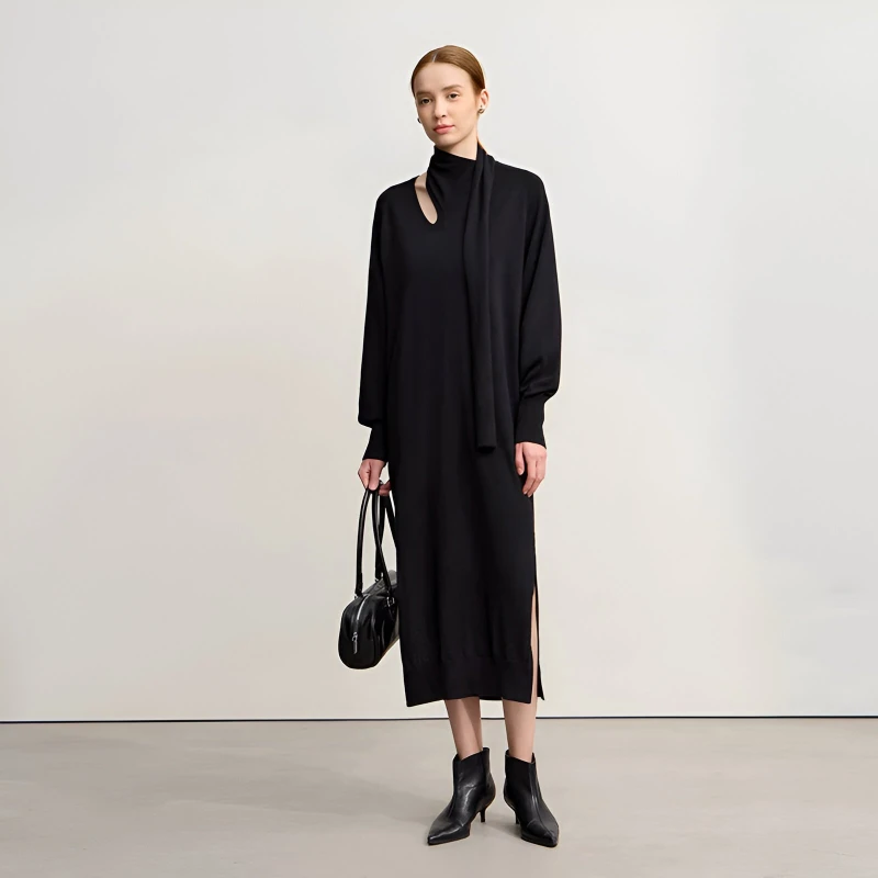 Elegant Winter Wool V-Neck Long Dress with Hollowed-Out Design