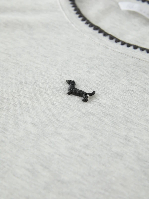 Gray Embroidered Puppy Tee – Contrast Color, Casual Summer Short Sleeve