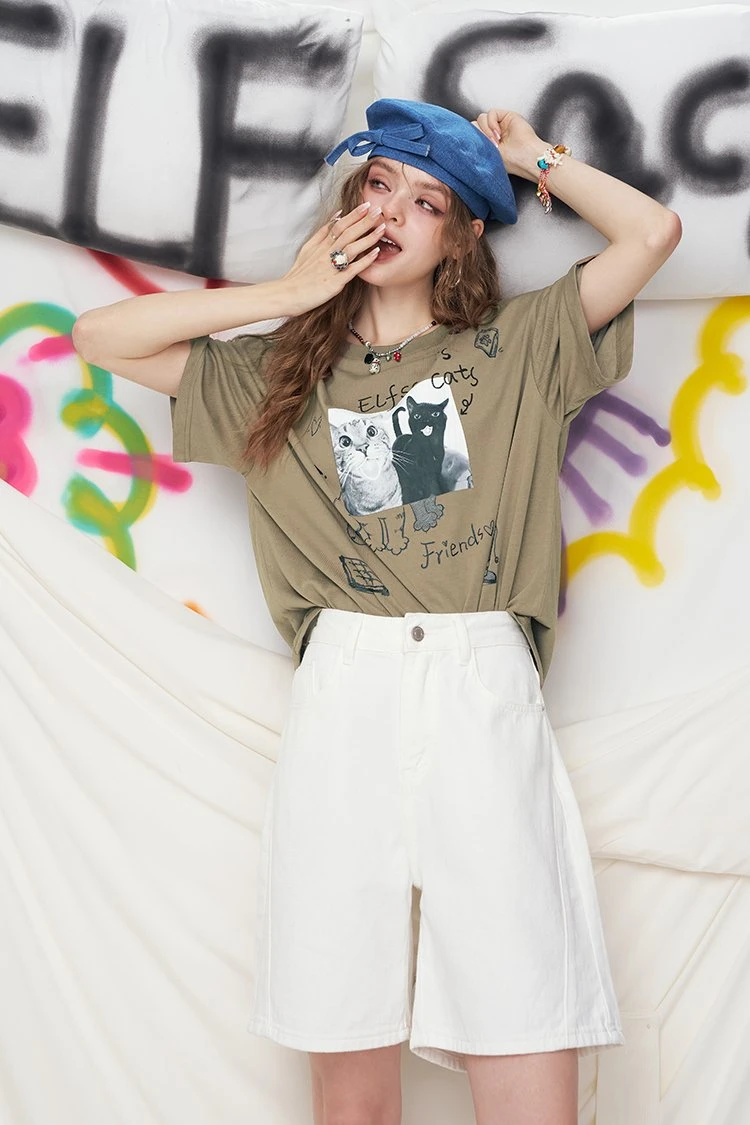 Pink Cat Graffiti Print Loose Fit Summer T-Shirt
