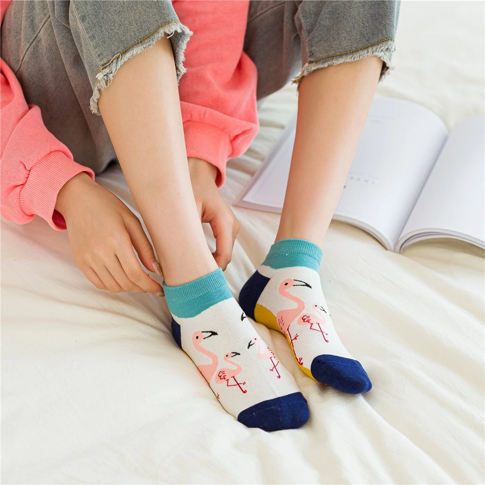 Flamingo Patterned Ankle Socks for Women - Colorful & Fun Harajuku Striped Socks