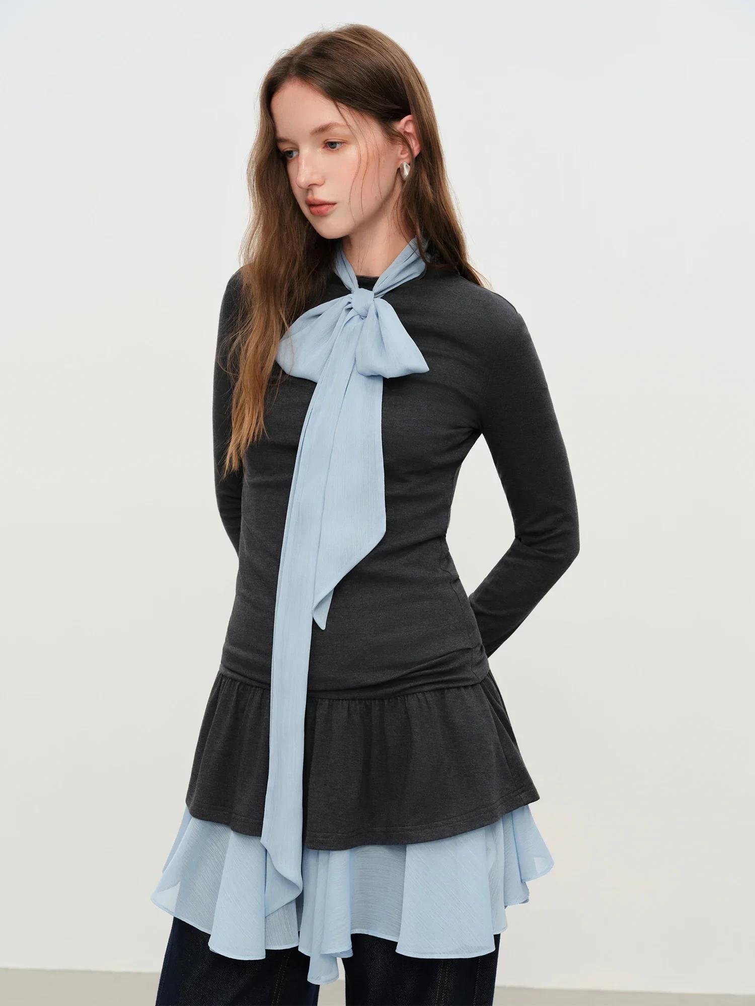Chiffon Ribbon Ruffled T-shirt with Layered Two-piece Suit for Women