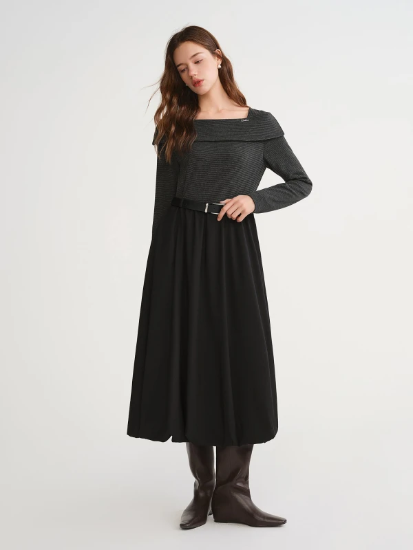Plus Size Contrast Color Winter A-Line Mid-Calf Dress