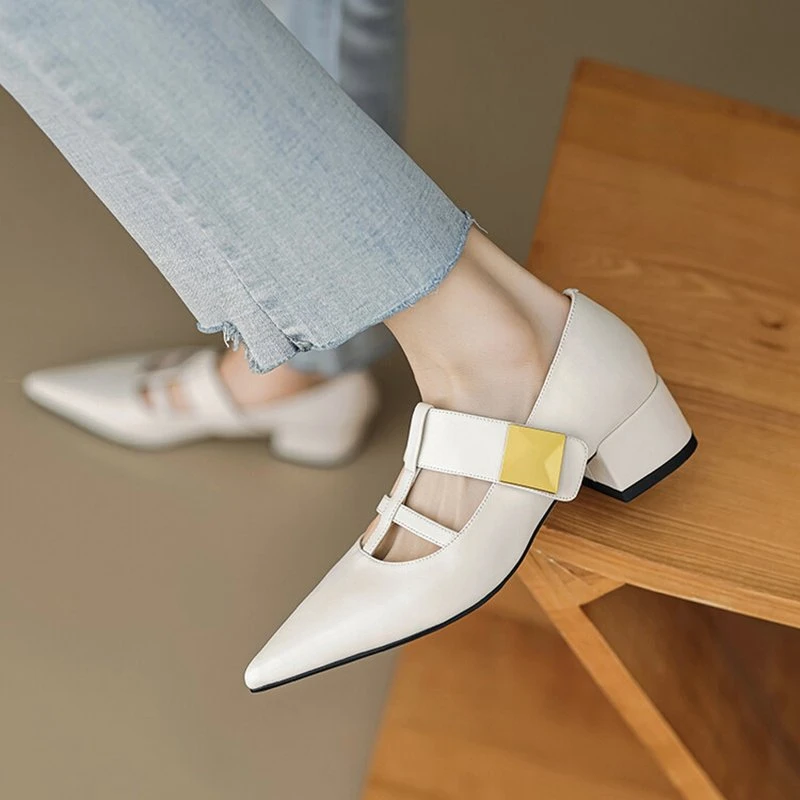 Handmade Pointed Toe Mary Jane Pumps with Chunky Heel