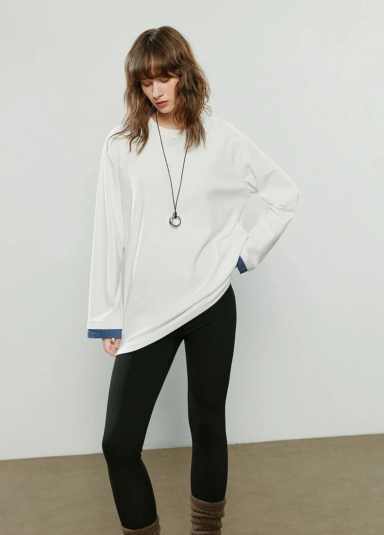 Women’s Winter Loose Mid-Length Spliced Denim Warm T-Shirt