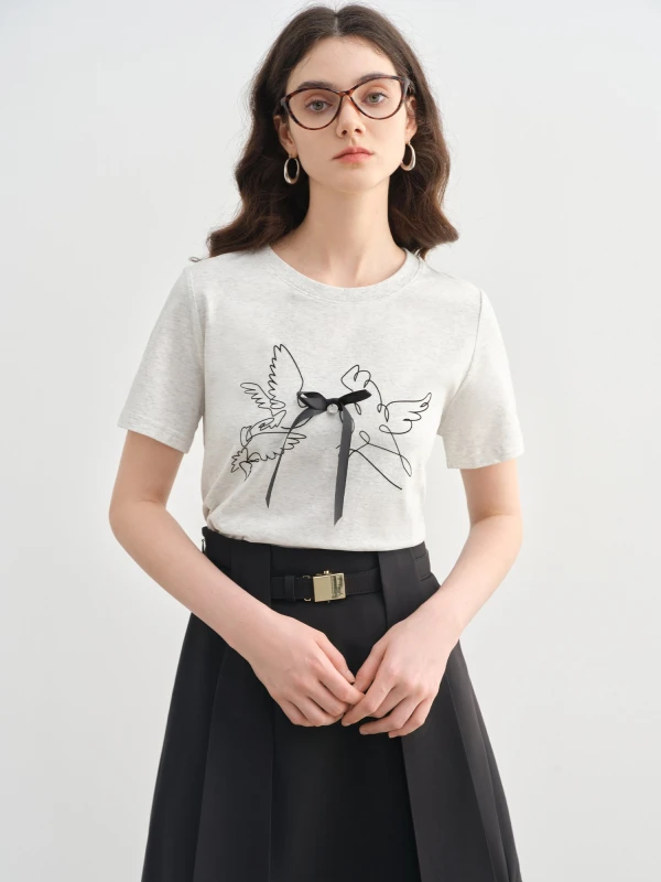 Plus Size Women's 3D Bow Bird Print T-Shirt – Summer Casual Short Sleeve