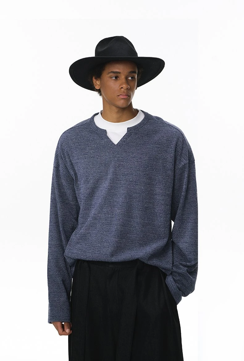 Men's Waffle Knit V-Neck Long Sleeve Casual Tee
