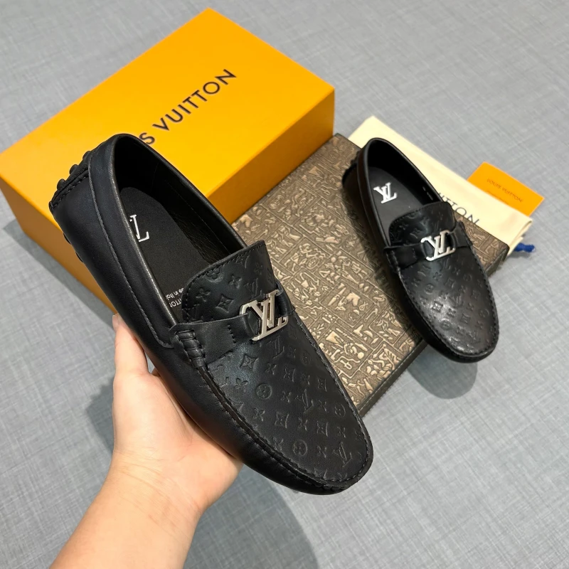 Monogram Embossed Sleek Black Louis Vuitton Men's Leather LV Initial Buckle Loafers