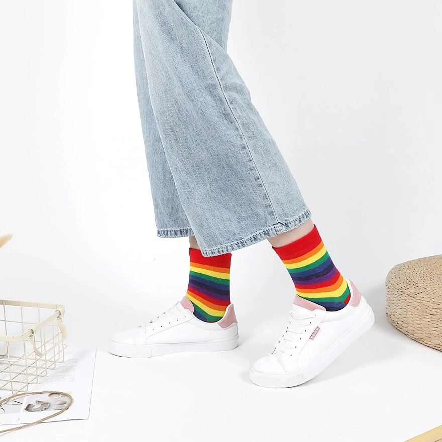 Colorful Rainbow Striped Novelty Socks for Women - Trendy Street Dance Gift