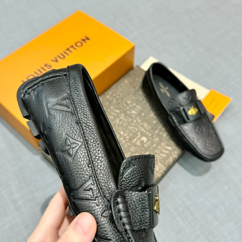 Monogram Embossed Black Louis Vuitton Men's Grained Leather Gold Bee Buckle Loafers