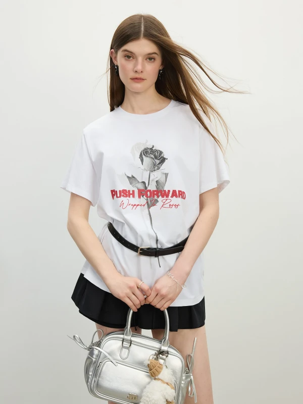 Women's Rose Print Tencel Cooling Loose-Fit Short Sleeve Summer Tee