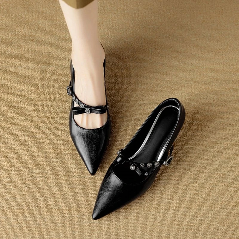 Pointed Toe Mary Jane Kitten Heel Leather Pumps for Women