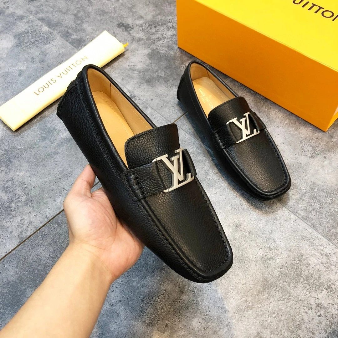 Textured Matte Black Louis Vuitton Men's Grained Leather LV Initial Buckle Loafers