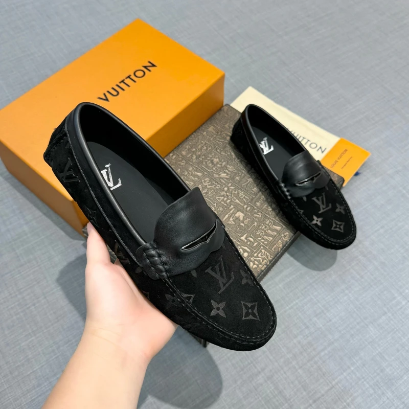 Monogram Debossed Black Louis Vuitton Men's Suede Leather Strap Loafers