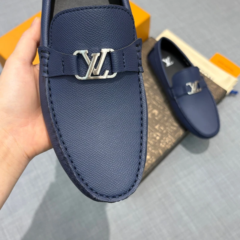 Cross-Hatch Textured Royal Navy Blue Louis Vuitton Men's Taiga Leather LV Initial Buckle Loafers