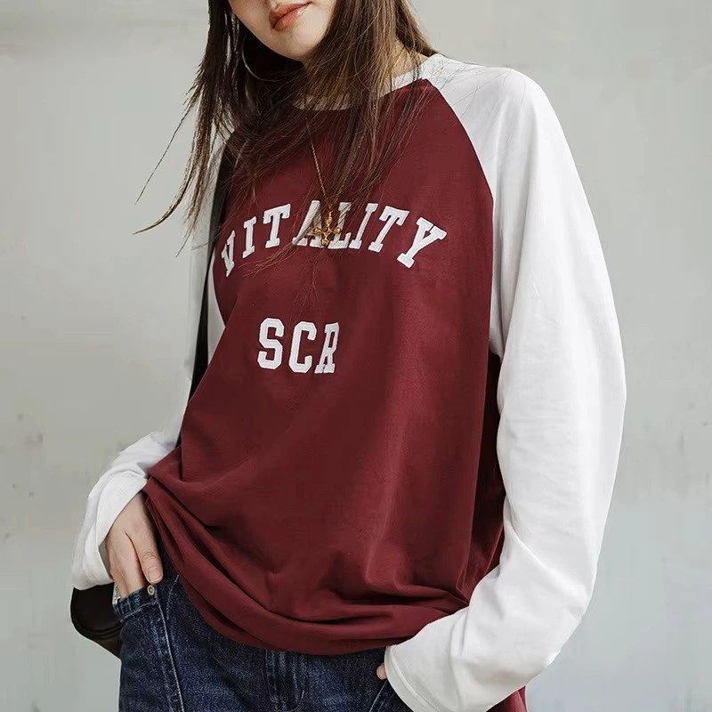 Women's Cotton Long Sleeve T-Shirt – Burgundy Contrast Round Neck Loose Fit