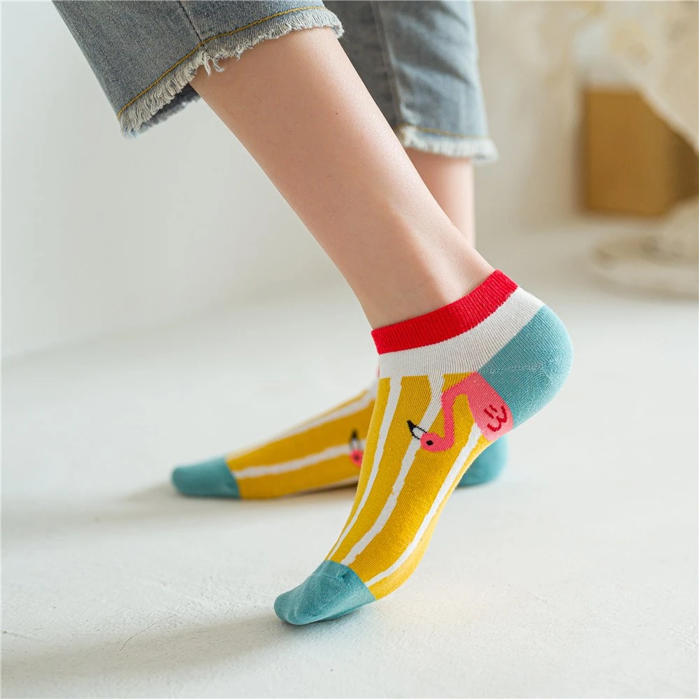 Flamingo Patterned Ankle Socks for Women - Colorful & Fun Harajuku Striped Socks