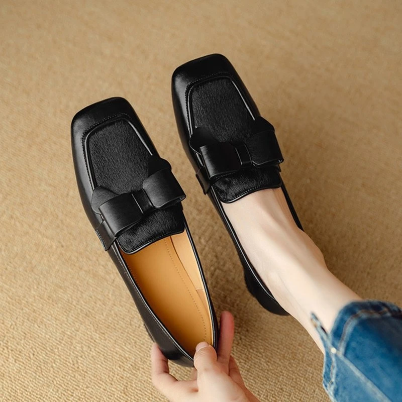 Sweet Square Toe Leather Loafers with Bow