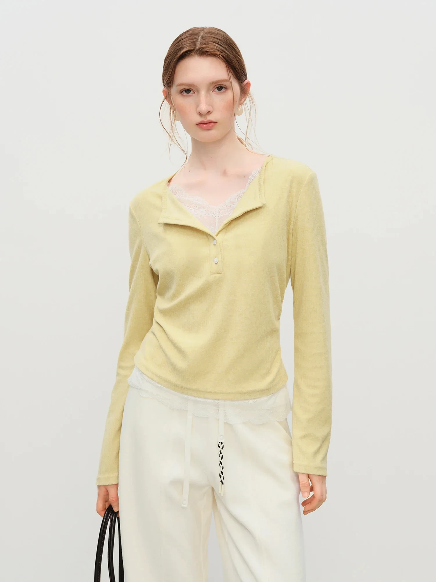 Winter Women's Slimming Contoured Fit Mock Layer T-Shirt - Textured Lace Trim Knit Top