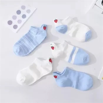 Embroidery Strawberry Cute Cotton Socks - Light Blue & White Striped Ankle Socks for Women
