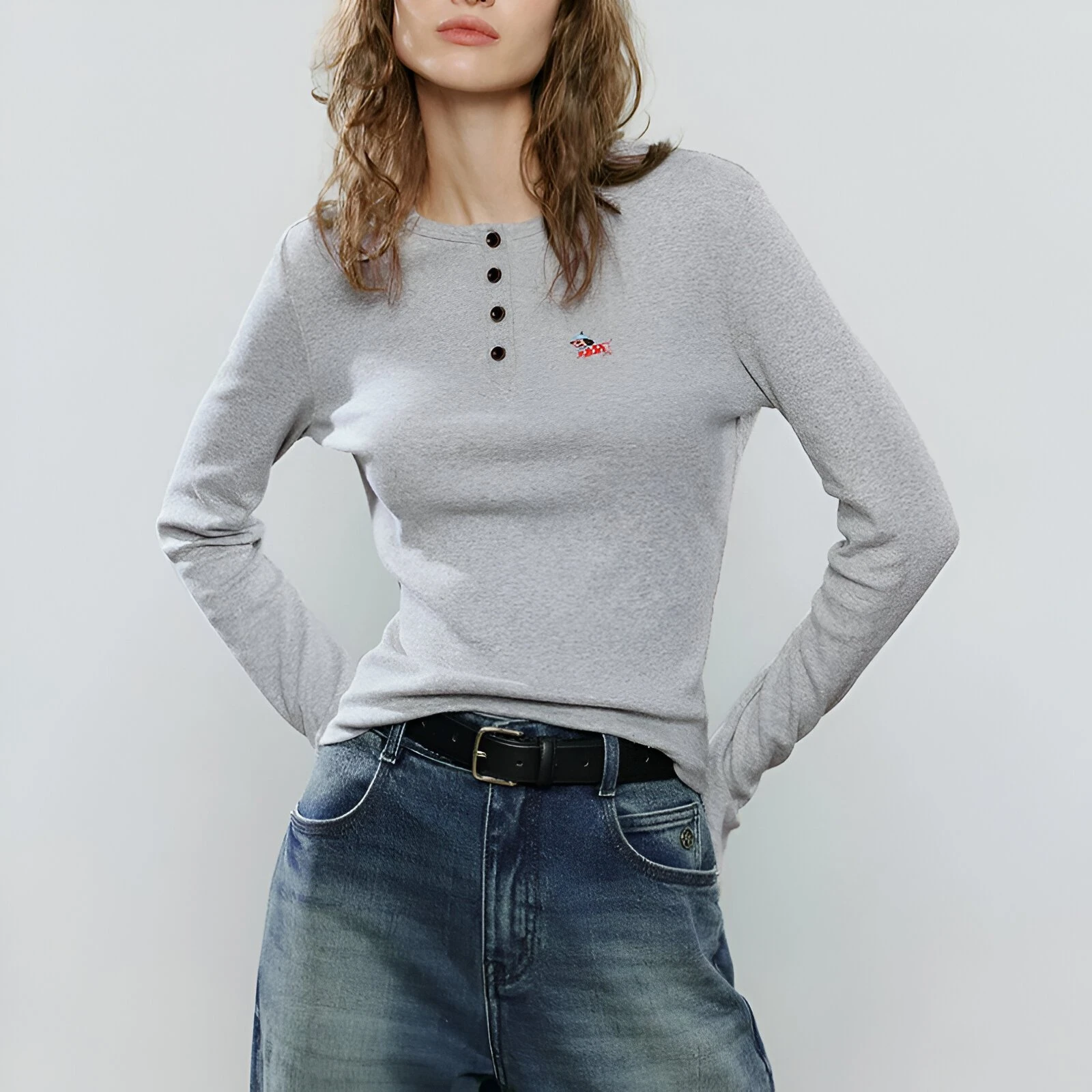 Asymmetric Free-Cut Dog Embroidery Fitted Winter T-Shirt for Women