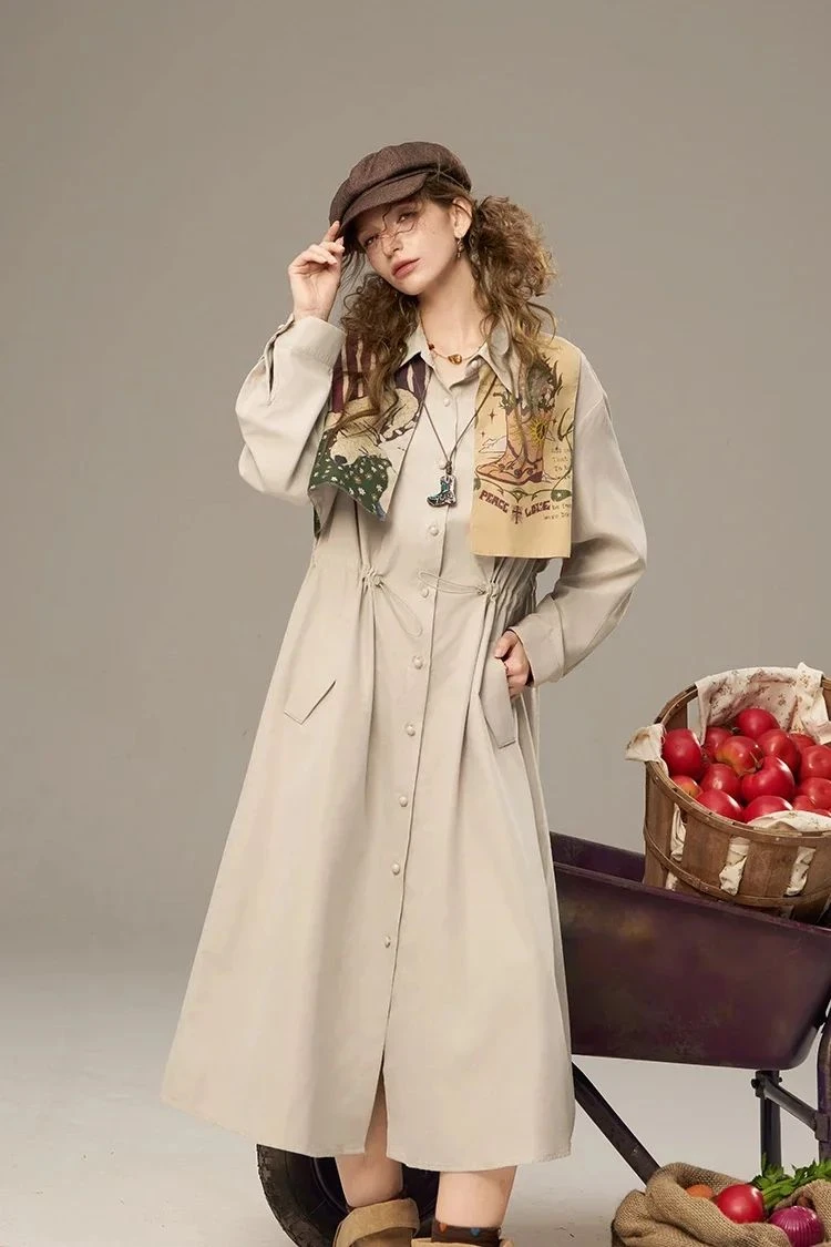 Women’s Vintage Print Shawl Collar Button Down Maxi Dress