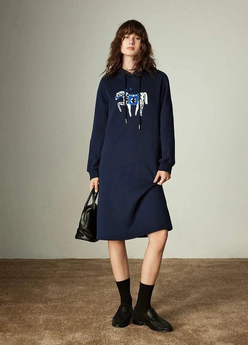 Women’s Winter Hooded Fleece Sweatshirt Dress with Horse Embroidery