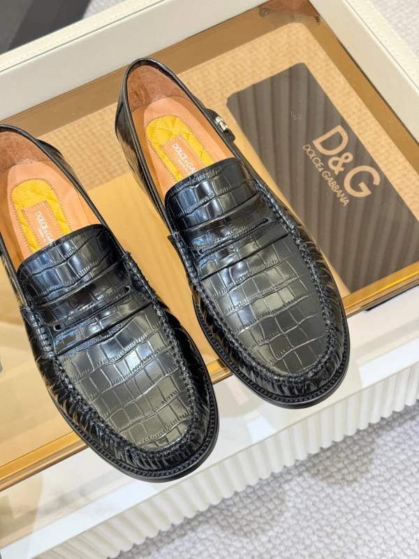 Croc-Embossed Black Dolce & Gabbana Men's Leather DG Penny Loafers