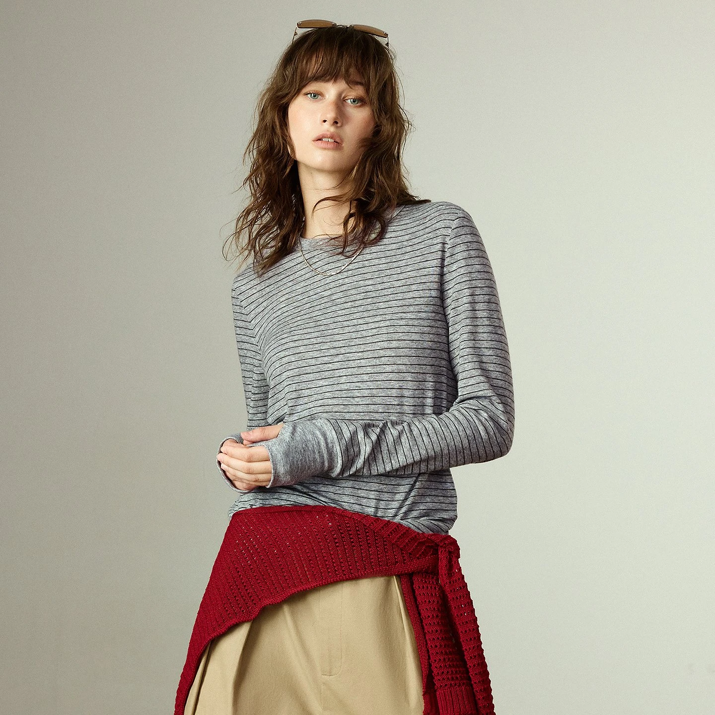 Striped Crew Neck Cashmere-like Long-sleeve Women’s Top