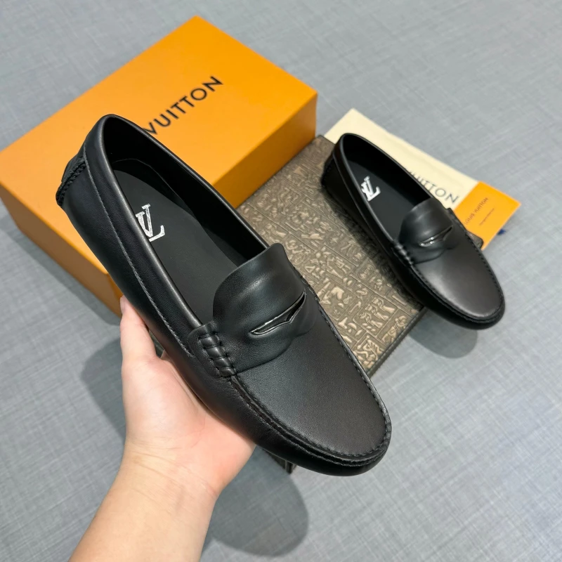 Smooth Jet Black Louis Vuitton Men's Leather Strap Loafers