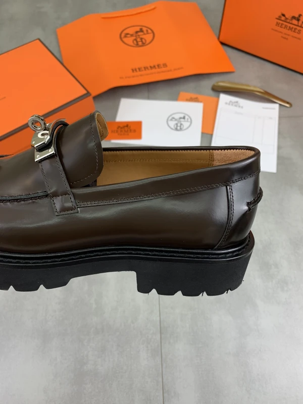 Espresso Dark Brown Hermès Men's Smooth Leather Lug-Sole Silver Lock Buckle Loafers