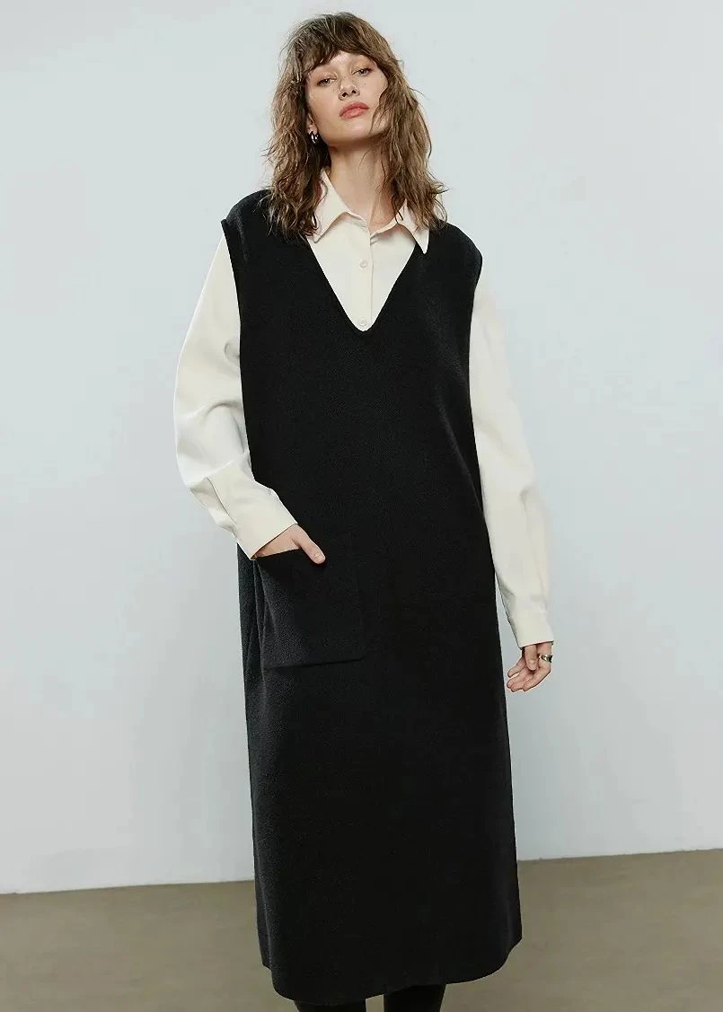 Winter V-Neck Knitted Vest Dress with Pockets
