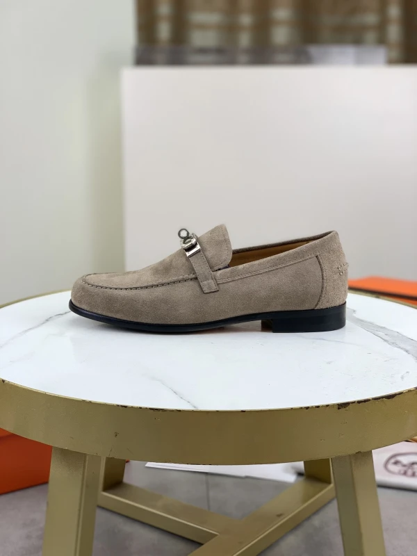 Taupe Brown Hermès Men's Suede Leather Lock Buckle Loafers