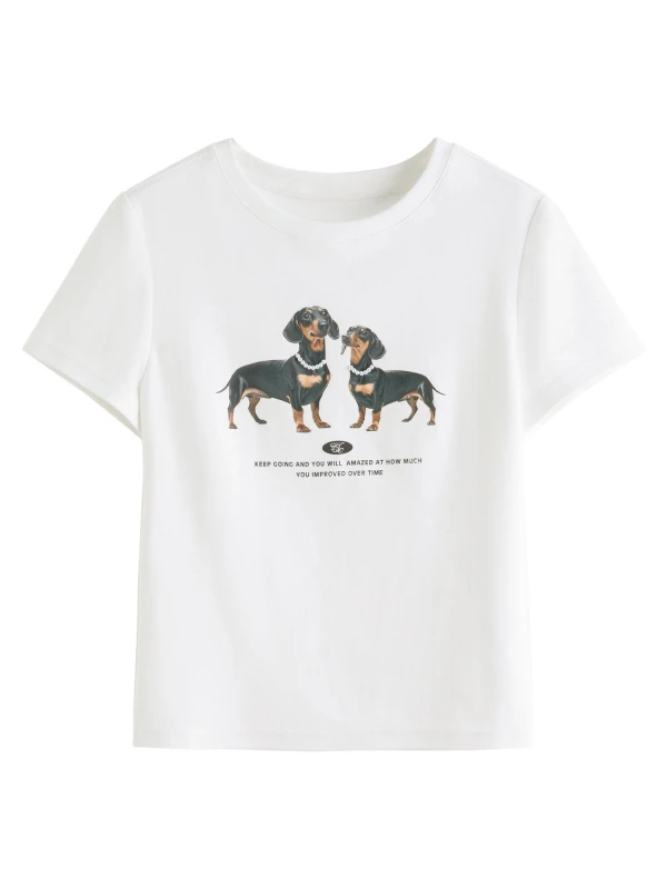 Retro Americana Hound Print Cotton Tee – Casual Summer Fit for Women