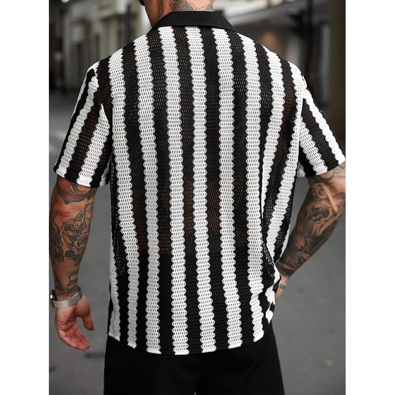 Men's Sexy Mesh Striped Short Sleeve Shirt – Casual Lapel Button Down
