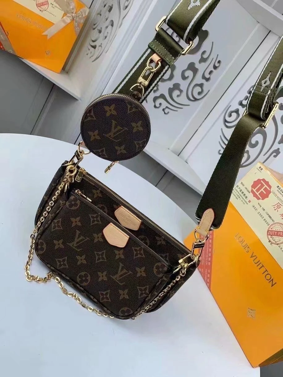 Louis Vuitton Multi Pochette Accessoires in Classic Monogram Canvas with Khaki Green Strap