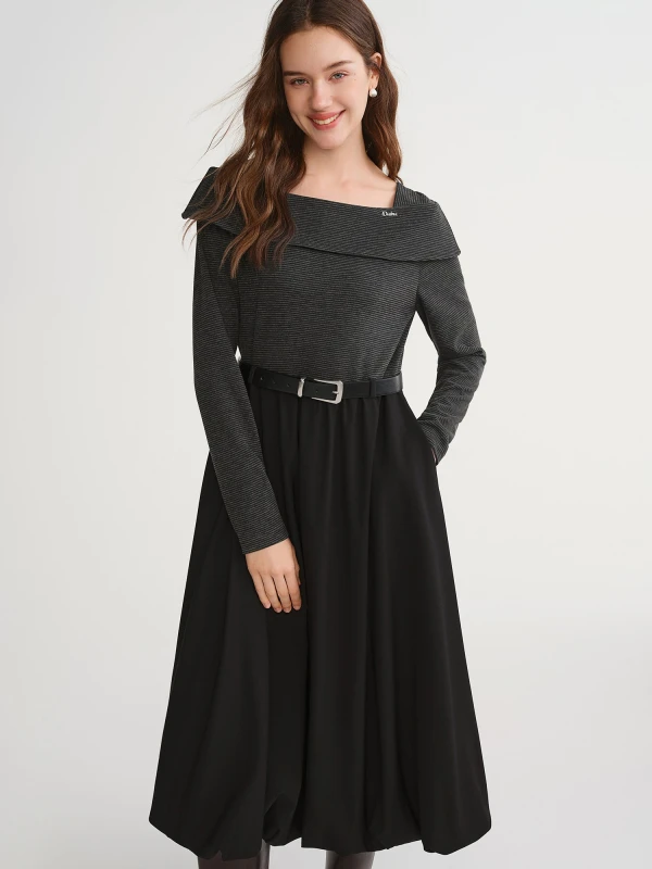 Plus Size Contrast Color Winter A-Line Mid-Calf Dress