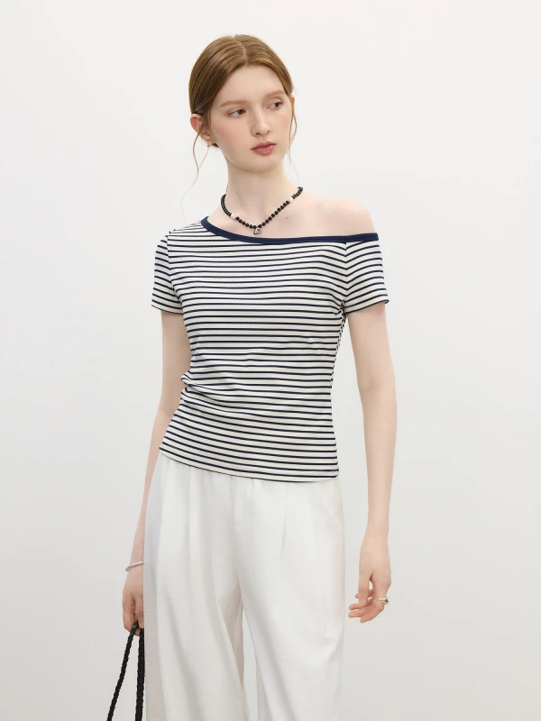 Off-Shoulder Striped Slim Fit Summer Tee for Women