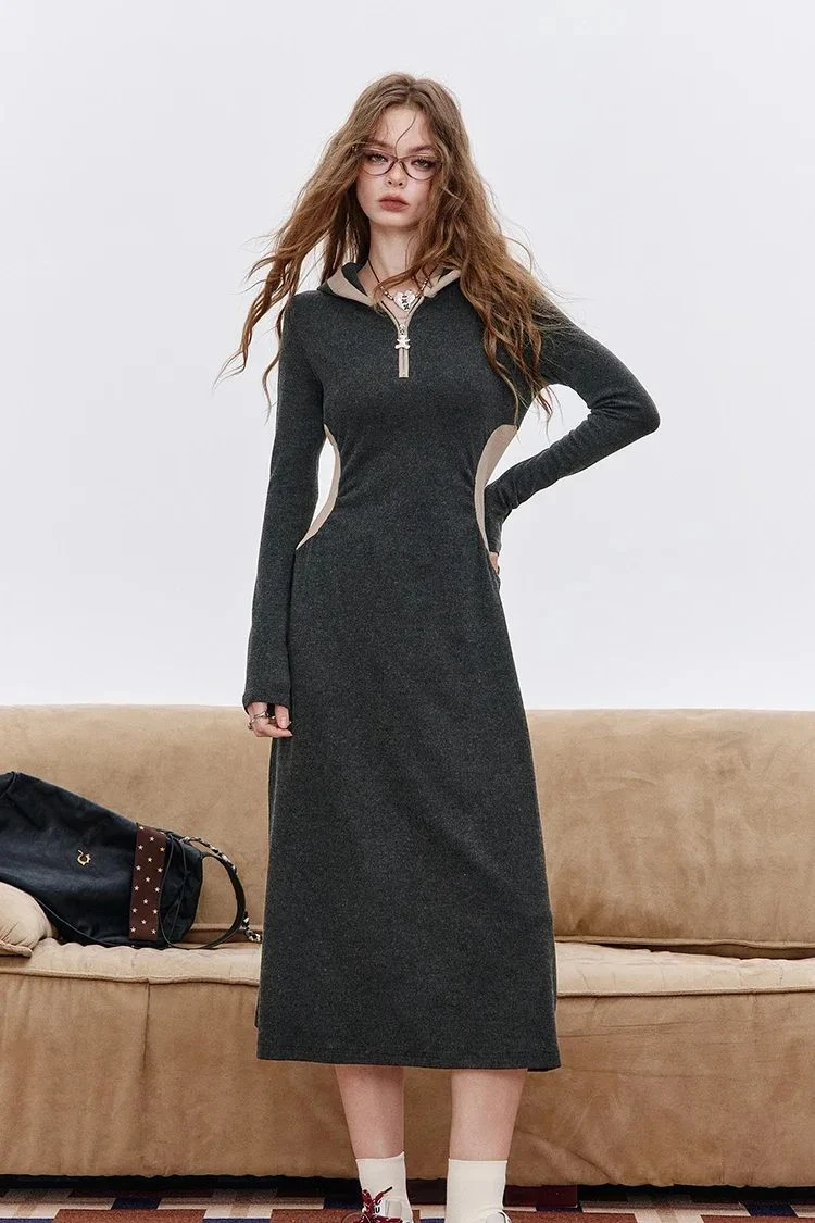 Color Block Hooded Sweater Dress V-Neck A-Line